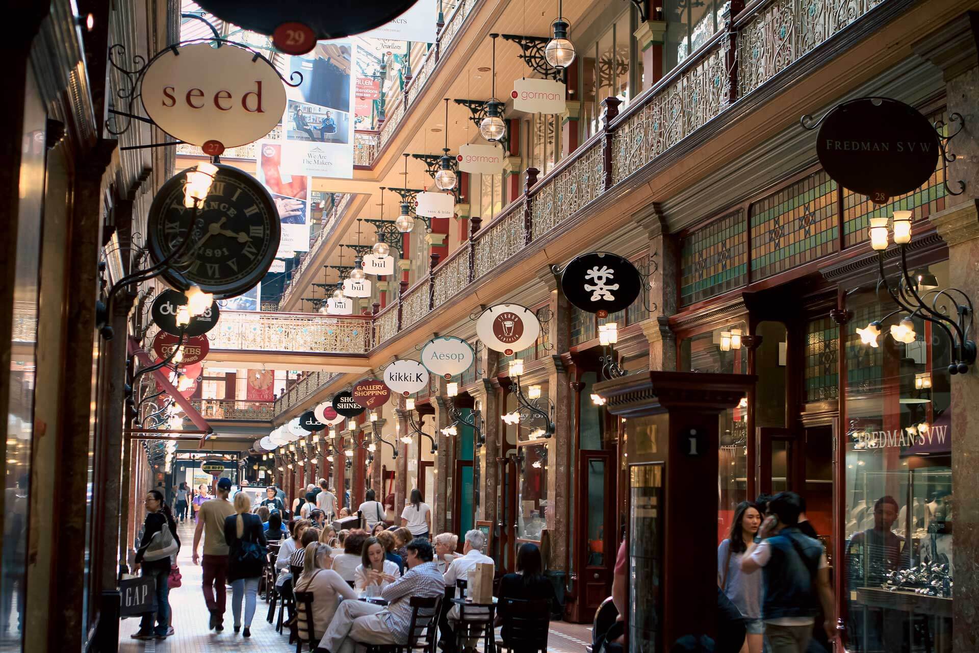 Shoppers walking through The Strand Arcade, Sydney.